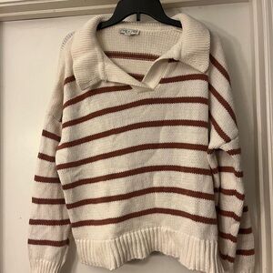She + Sky Cream and Brown V-Neck Sweater